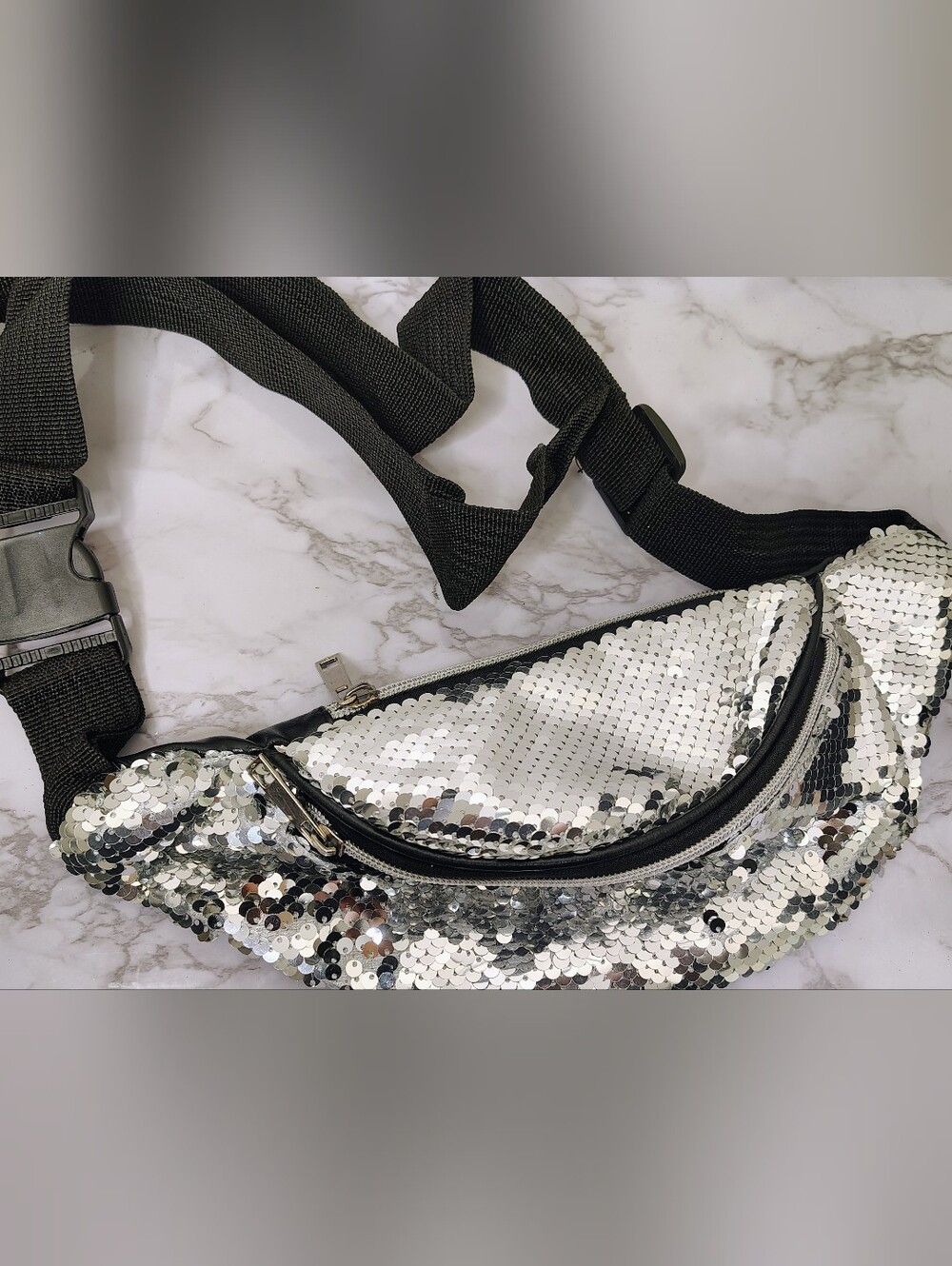 Sequin Silver Crossbody Belt Bag with Adjustable Strap Fanny Pack